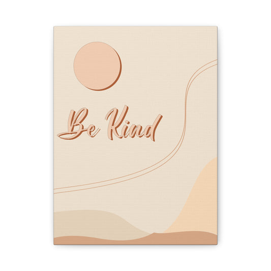 TEEZOCA "Be Kind" aesthetic canvas print shown flat with soft sun and beige curves.