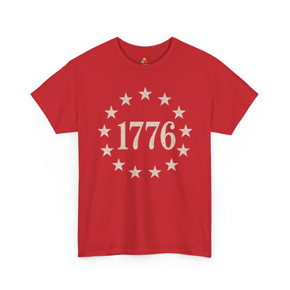 TEEZOCA Betsy Ross flag shirt inspired t-shirt with thirteen stars, 1776 lettering, and founding era American pride.
