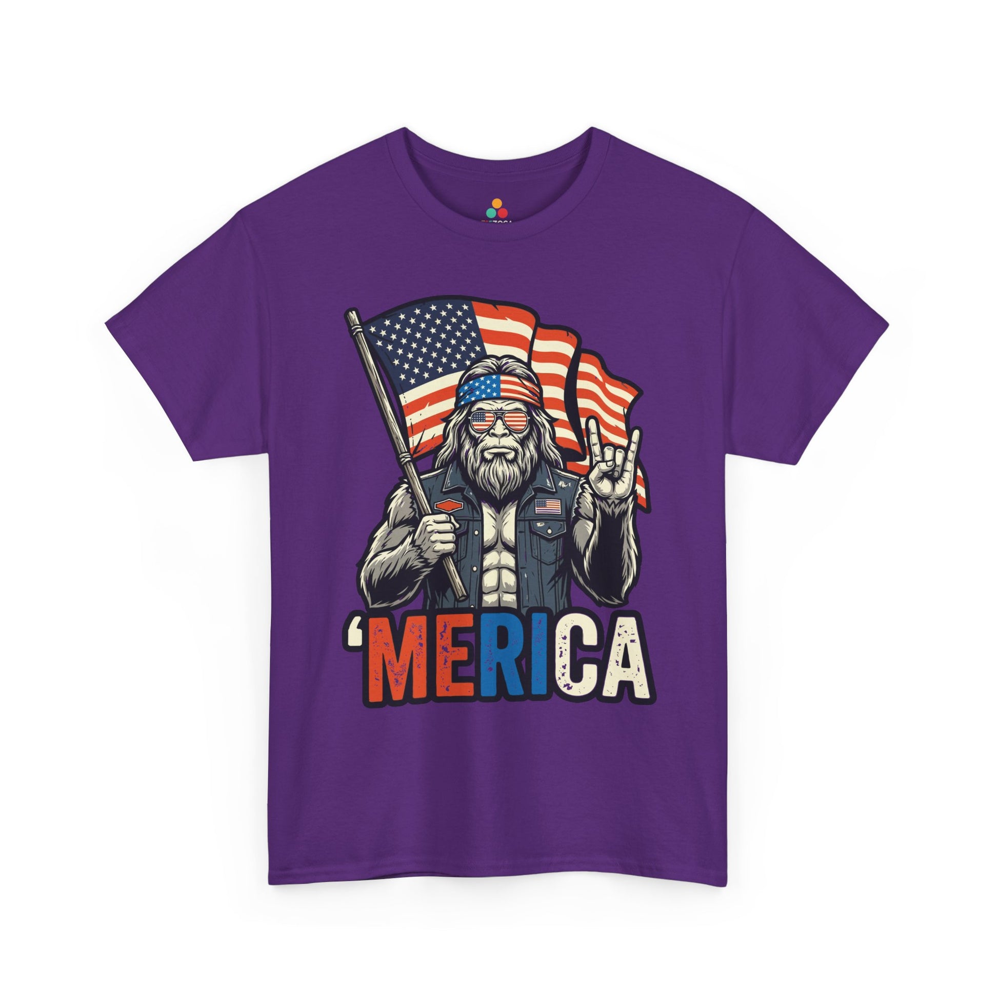 TEEZOCA Bigfoot T-shirt with American flag background, biker shirt energy, and bold patriotic men’s shirt appeal.

