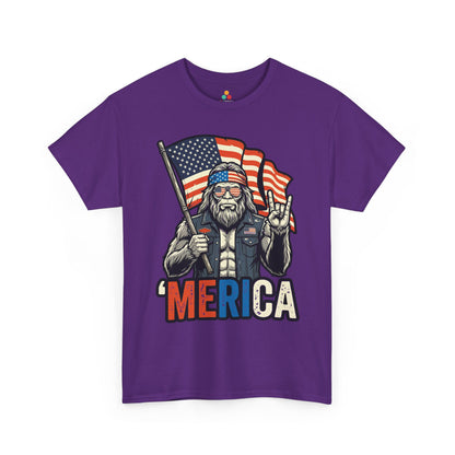 TEEZOCA Bigfoot T-shirt with American flag background, biker shirt energy, and bold patriotic men’s shirt appeal.
