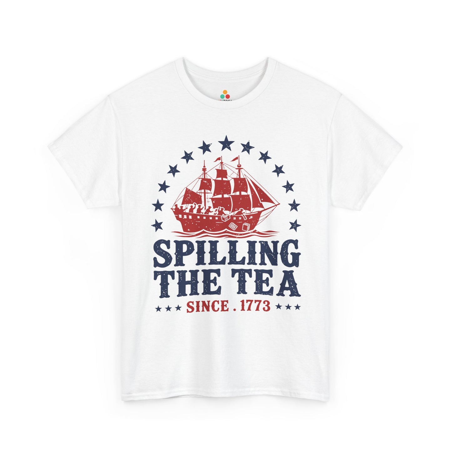 TEEZOCA Boston Tea Party Shirt T-shirt with red colonial ship artwork, navy stars, and Spilling the Tea Since 1773 lettering.