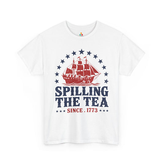 TEEZOCA Boston Tea Party Shirt T-shirt with red colonial ship artwork, navy stars, and Spilling the Tea Since 1773 lettering.
