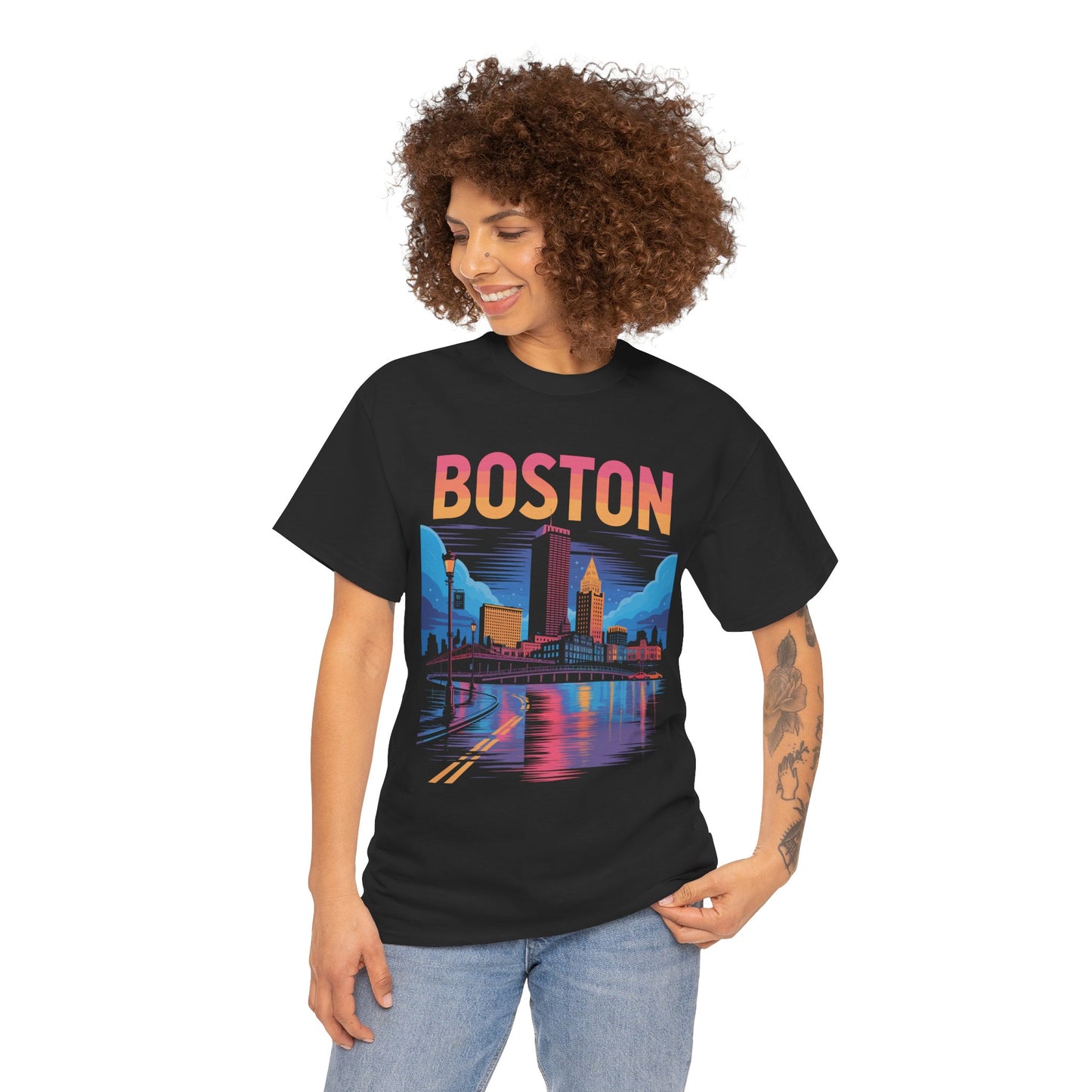 Boston Night Skyline Unisex T-shirt Retro City Streetwear Art | TEEZOCA 