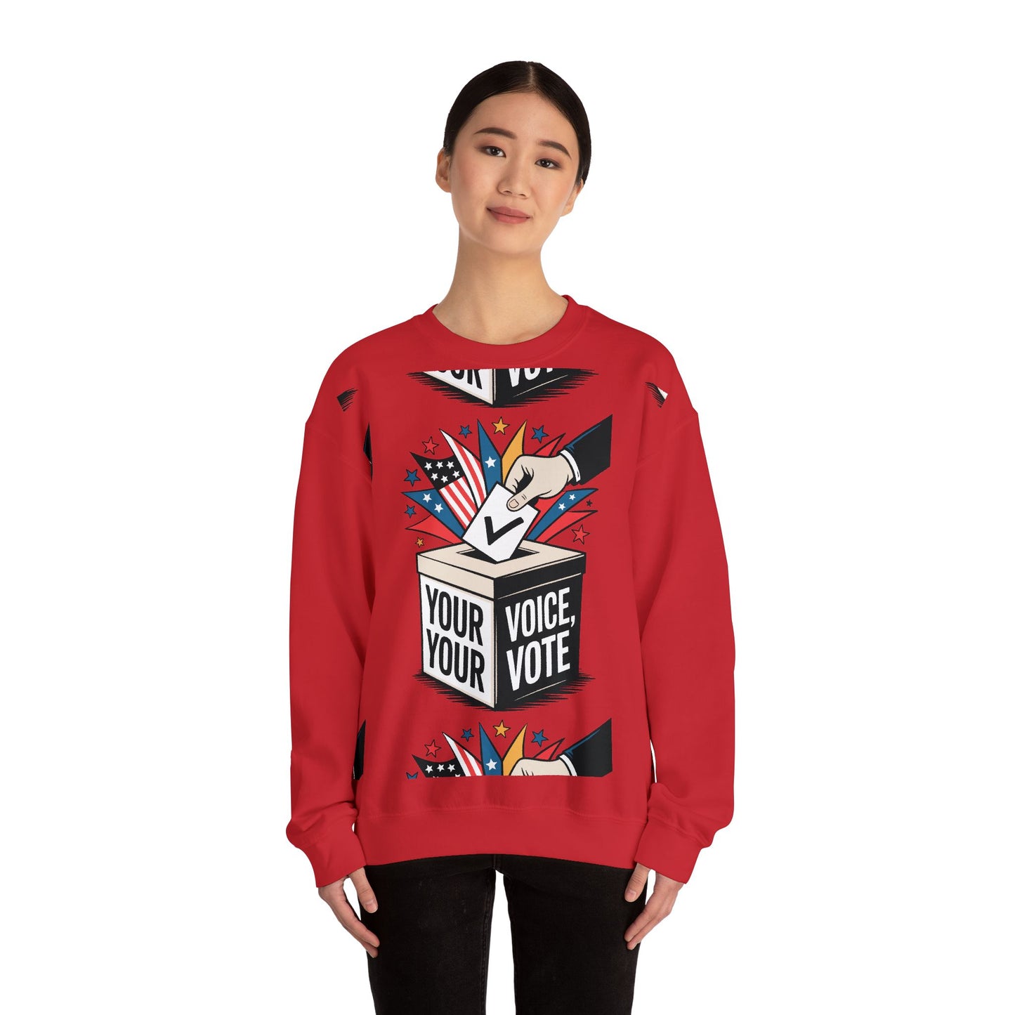 TEEZOCA your voice your vote sweatshirt with ballot box graphic design Red sweatshirt with a graphic design and text, worn by a person on a white background