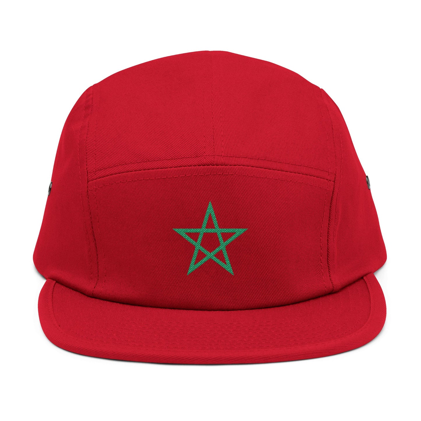 TEEZOCA Classic Embroidered Morocco Flag 5 Panel Cap – National Soccer Supporter Hat. Close up detail of the premium embroidered green Moroccan flag pentagram star on vibrant red fabric.