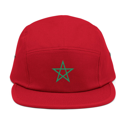 TEEZOCA Classic Embroidered Morocco Flag 5 Panel Cap – National Soccer Supporter Hat. Close up detail of the premium embroidered green Moroccan flag pentagram star on vibrant red fabric.