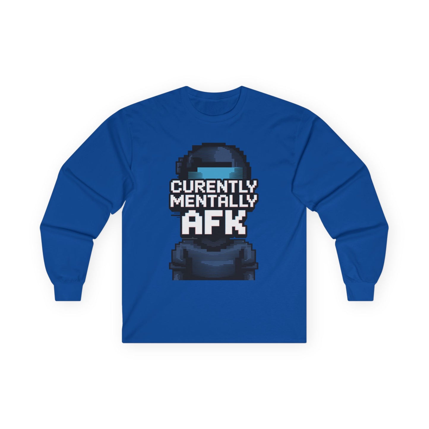 TEEZOCA Currently Mentally AFK pixel unisex long-sleeve t-shirt Blue long-sleeve shirt with a graphic of a helmet and text 'Currently Mentally AFK' on a white background