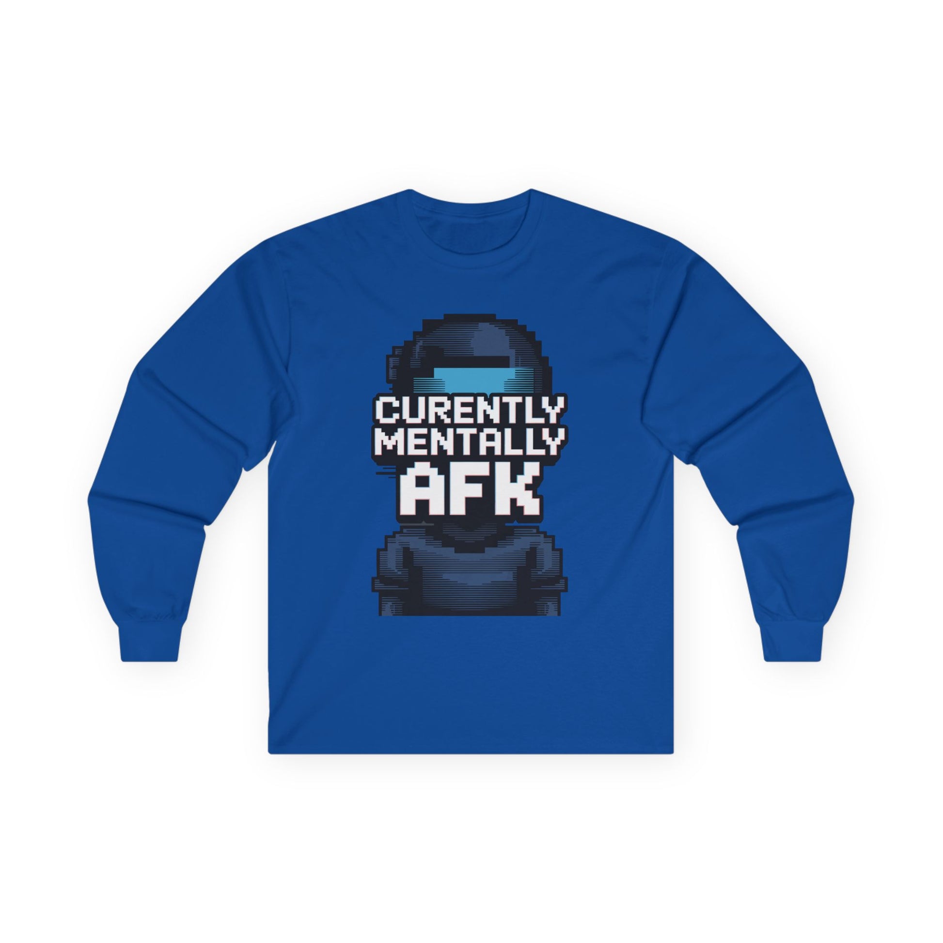 TEEZOCA Currently Mentally AFK pixel unisex long-sleeve t-shirt Blue long-sleeve shirt with a graphic of a helmet and text 'Currently Mentally AFK' on a white background