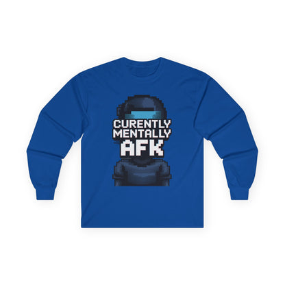 TEEZOCA Currently Mentally AFK pixel unisex long-sleeve t-shirt Blue long-sleeve shirt with a graphic of a helmet and text 'Currently Mentally AFK' on a white background