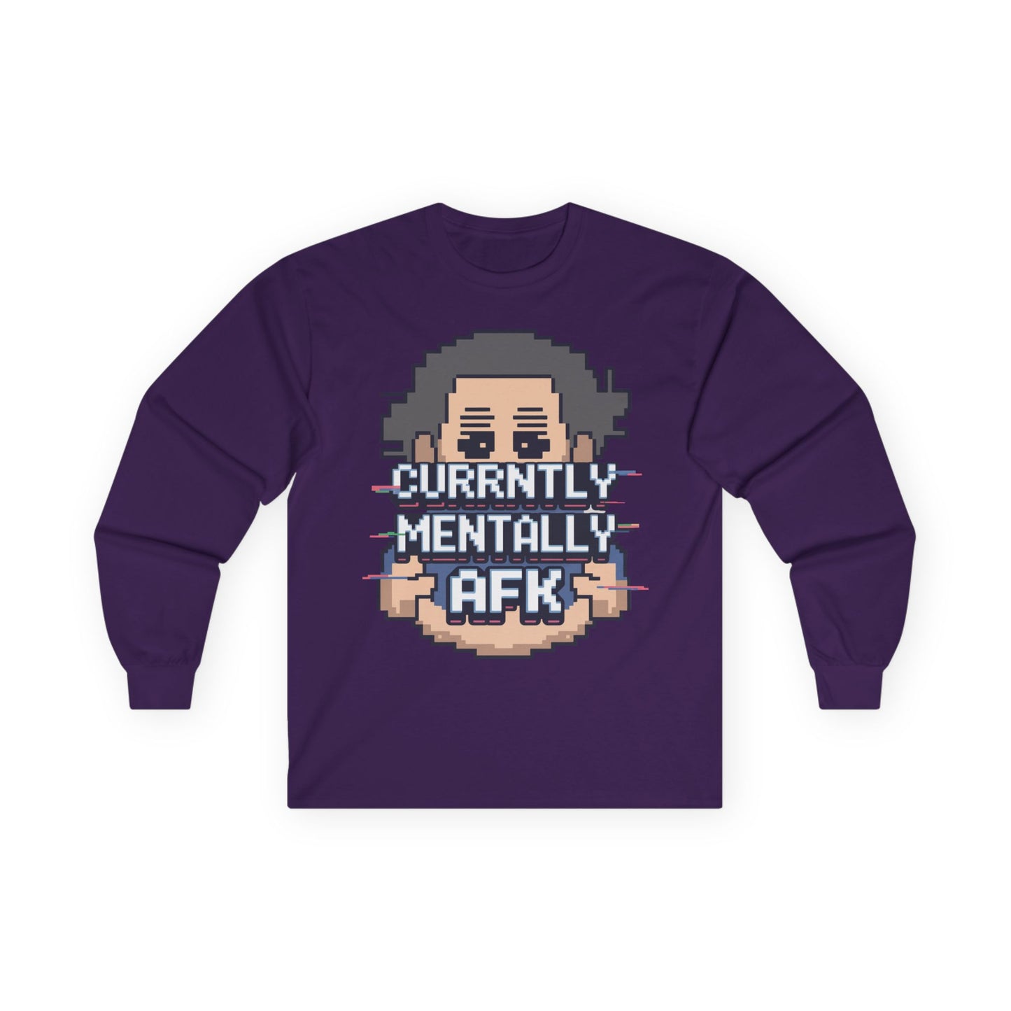 TEEZOCA Currently Mentally AFK unisex long-sleeve t-shirt pixel art design Purple long-sleeve shirt with pixel art design and text 'Currently Mentally AFK' on a white background