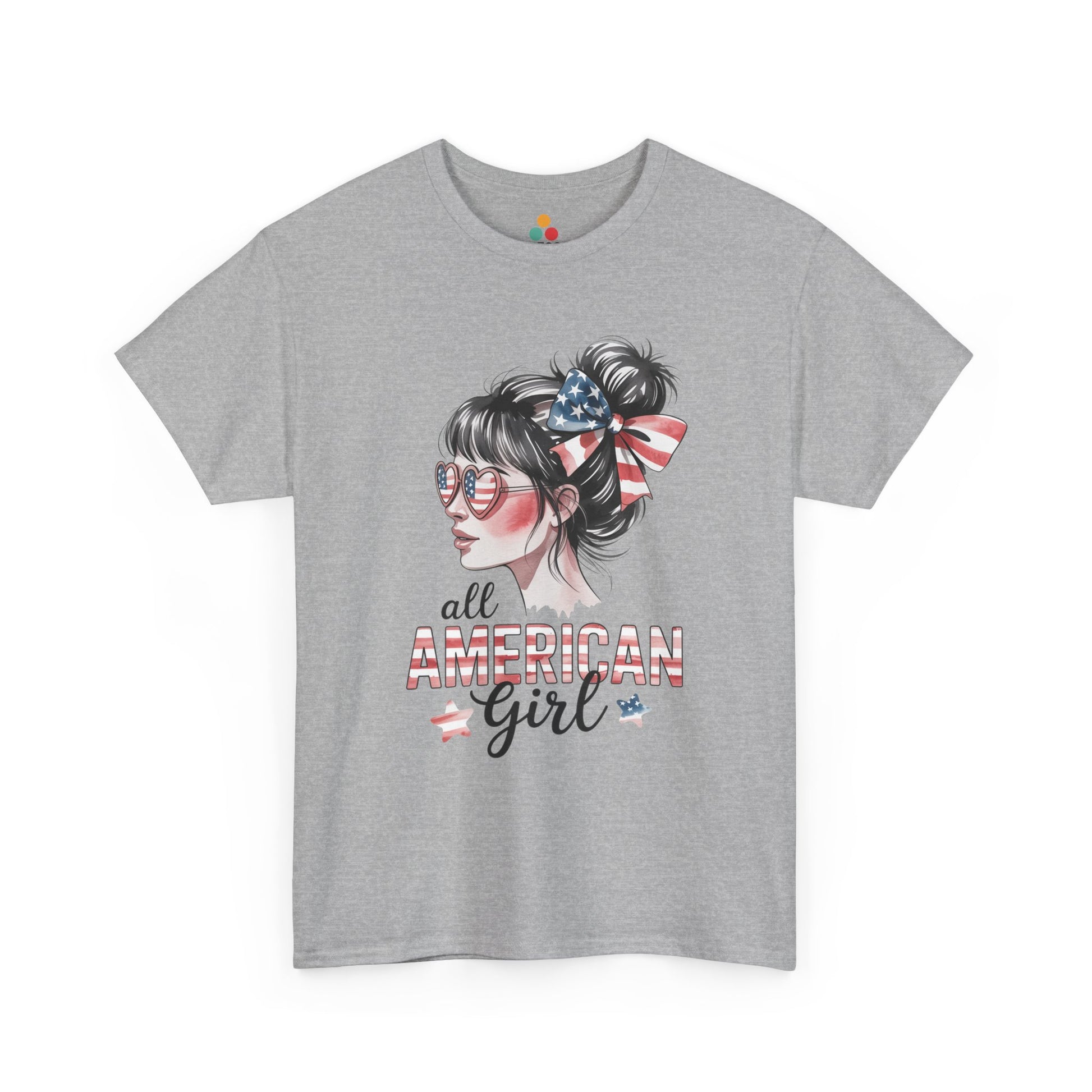 TEEZOCA Cute USA Shirt t-shirt with messy bun patriotic artwork for ladies patriotic t shirts and matching family looks.
