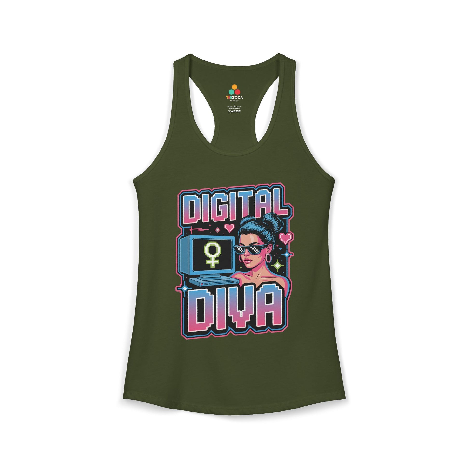 TEEZOCA Digital Diva women’s tank top with retro pixel feminist design Green tank top with 'Digital Diva' graphic design on a white background