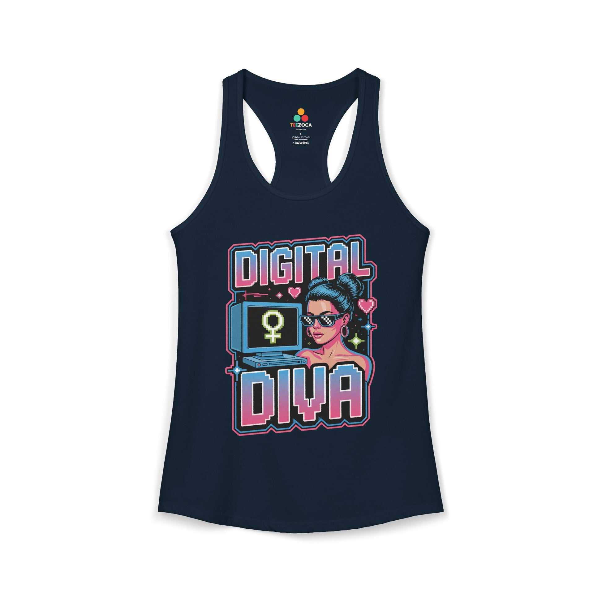 TEEZOCA Digital Diva women’s tank top with retro pixel feminist design Navy tank top with 'Digital Diva' graphic design on a white background