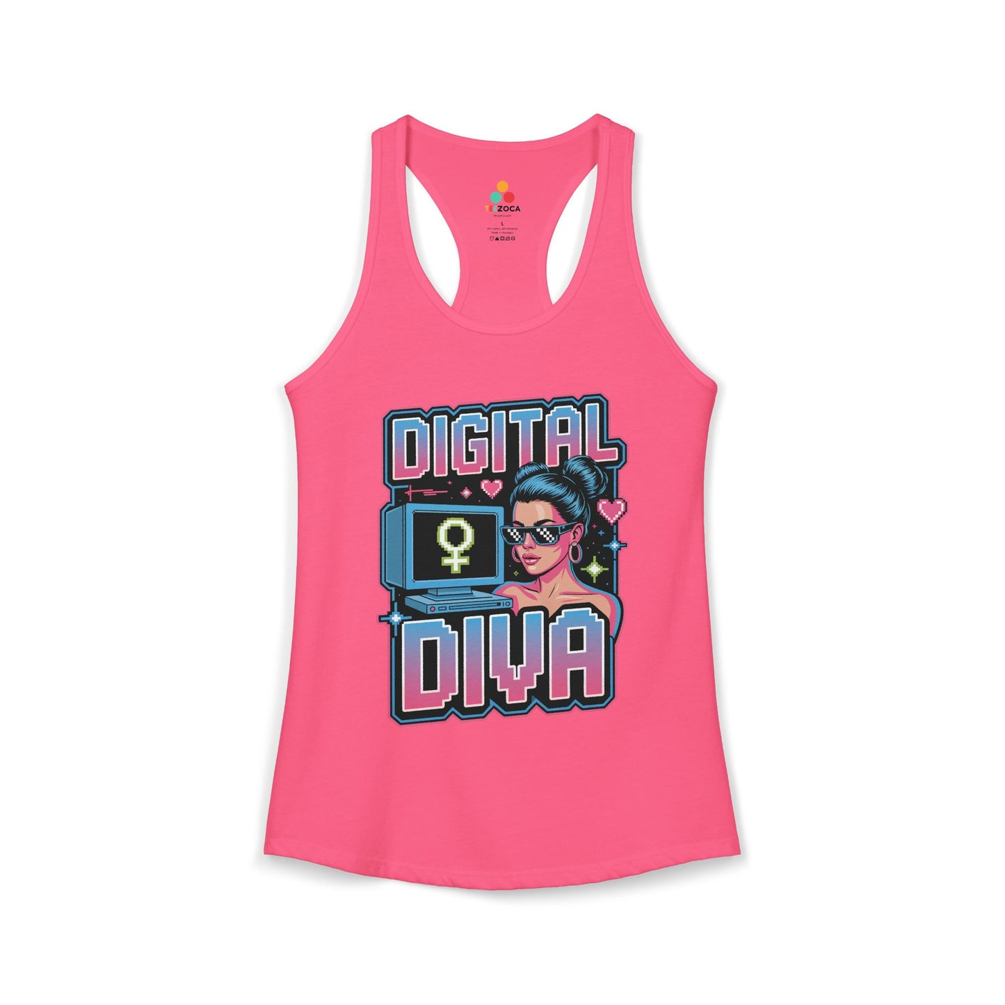 TEEZOCA Digital Diva women’s tank top with retro pixel feminist design Pink tank top with 'Digital Diva' graphic design on a white background