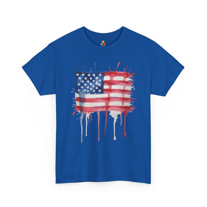TEEZOCA Distressed American Flag Shirt t-shirt with dripping paint, star field detail, and red white blue flag graphics.
