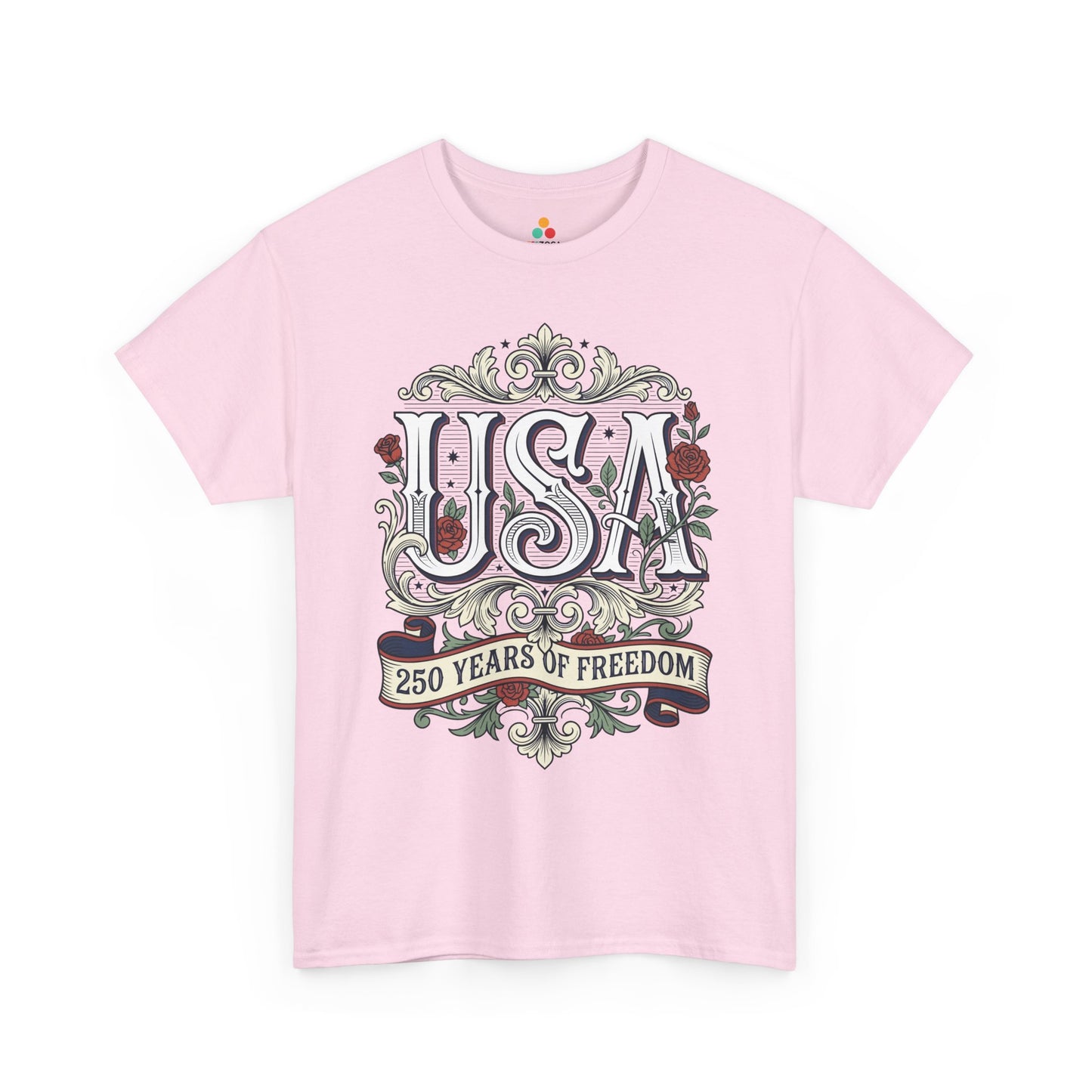 TEEZOCA Floral USA Shirt T-shirt featuring roses, ornate scrollwork, and a commemorative ribbon for Independence Day.
