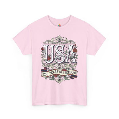TEEZOCA Floral USA Shirt T-shirt featuring roses, ornate scrollwork, and a commemorative ribbon for Independence Day.
