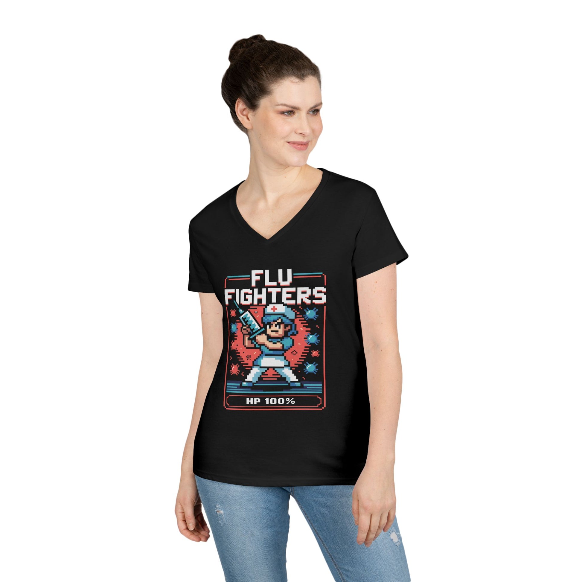 Flu Fighters Pixel Nurse V-Neck T-Shirt Retro Gaming Style Tee | TEEZOCA 