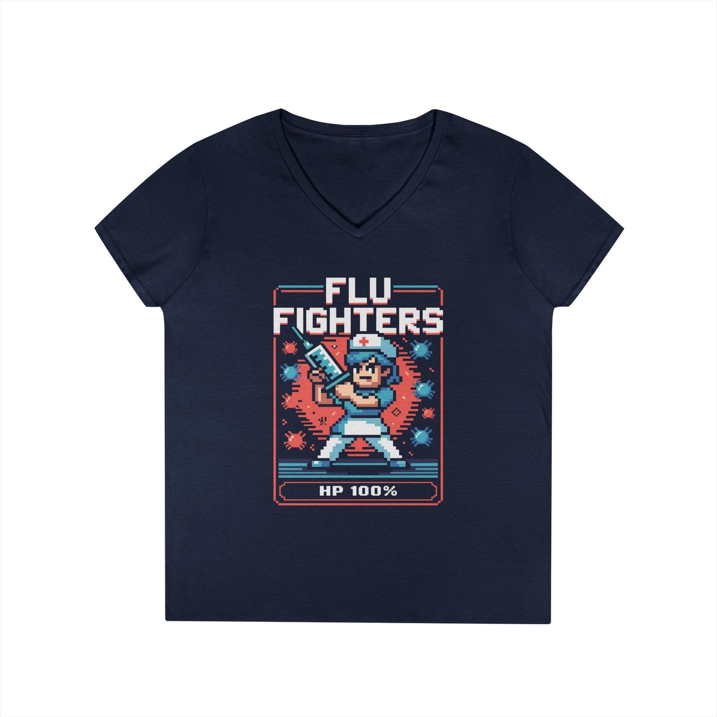 Flu Fighters Pixel Nurse V-Neck T-Shirt Retro Gaming Style Tee | TEEZOCA 