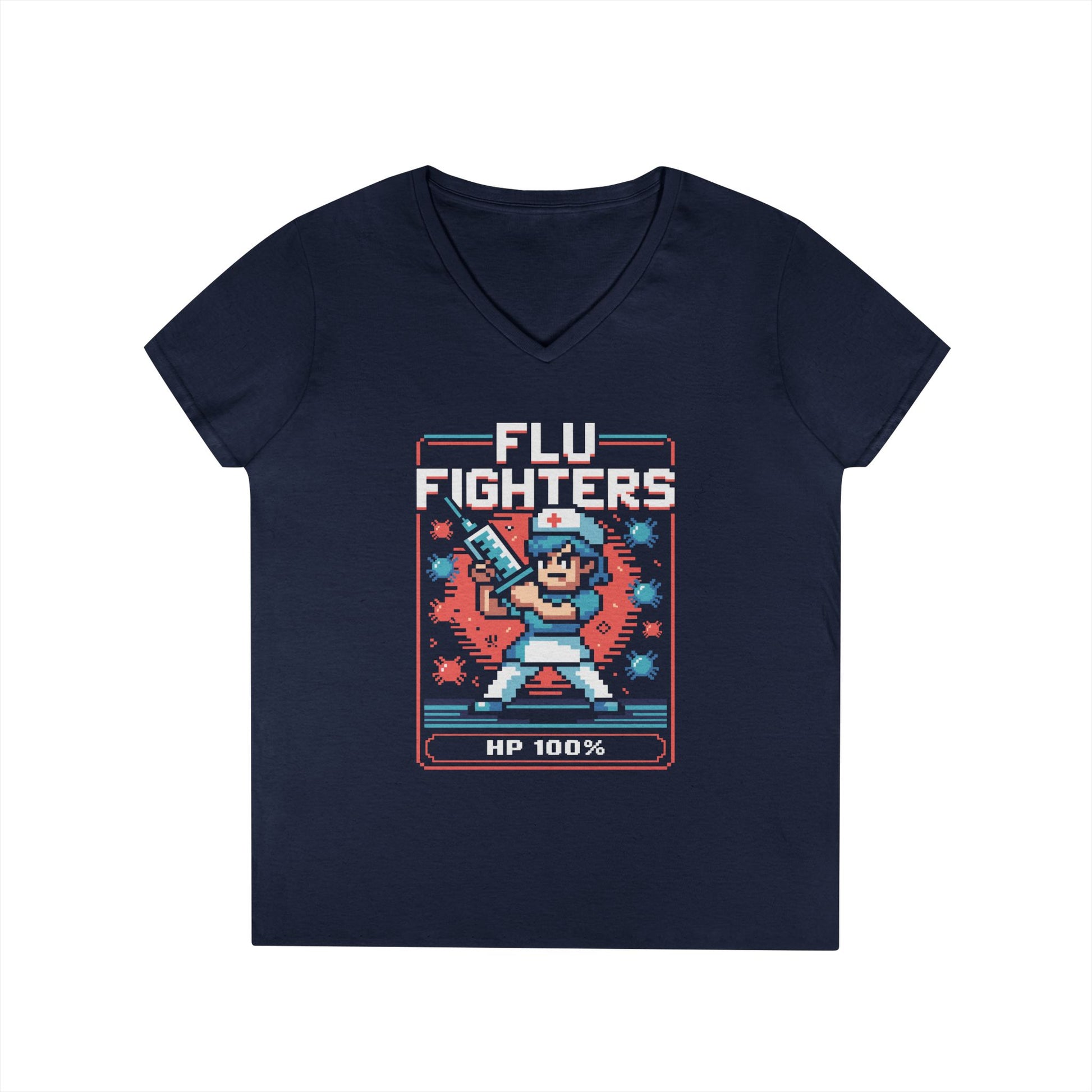 Flu Fighters Pixel Nurse V-Neck T-Shirt Retro Gaming Style Tee | TEEZOCA 