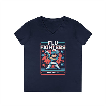 Flu Fighters Pixel Nurse V-Neck T-Shirt Retro Gaming Style Tee | TEEZOCA 