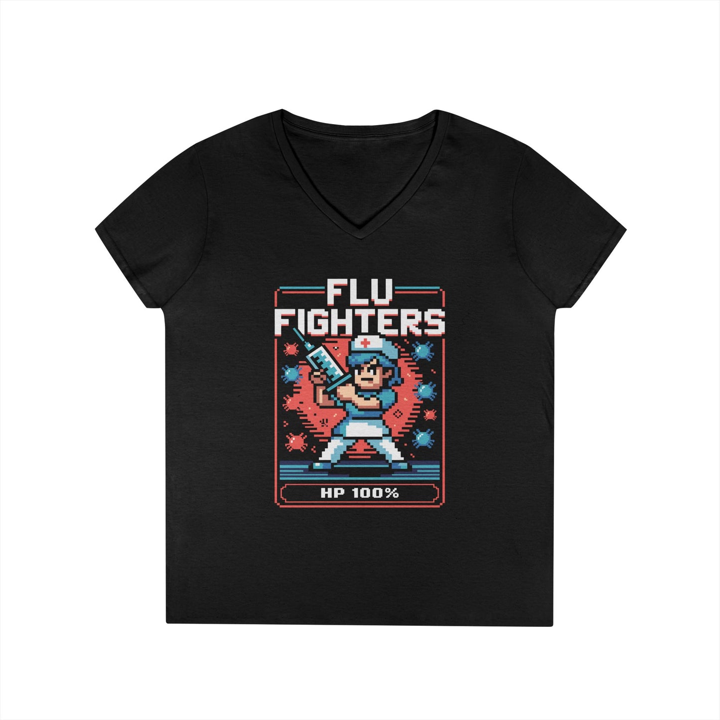 Flu Fighters Pixel Nurse V-Neck T-Shirt Retro Gaming Style Tee | TEEZOCA 