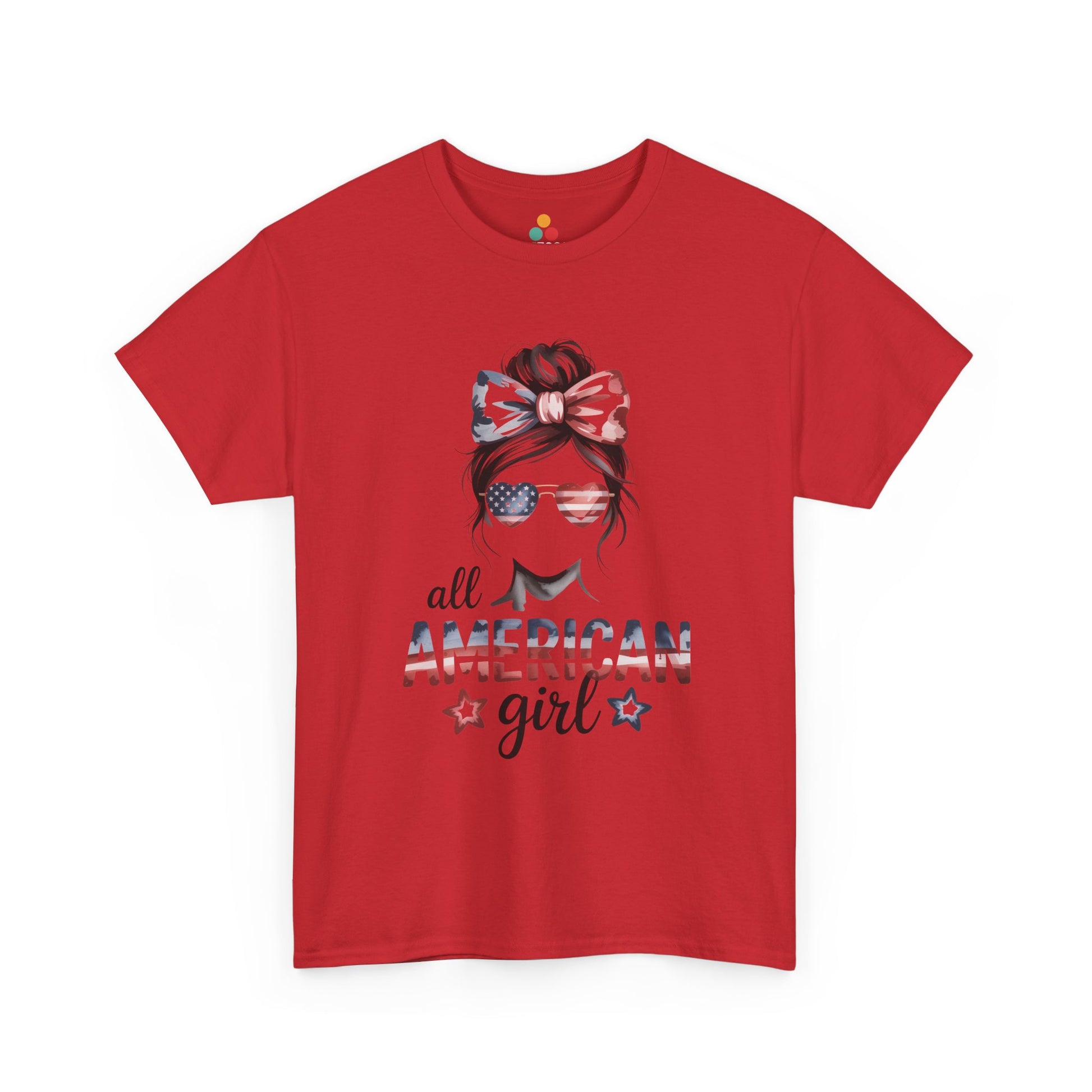 TEEZOCA Fourth of July Womens Shirt t-shirt with star accents, flag glasses, and a cute USA shirt design.
