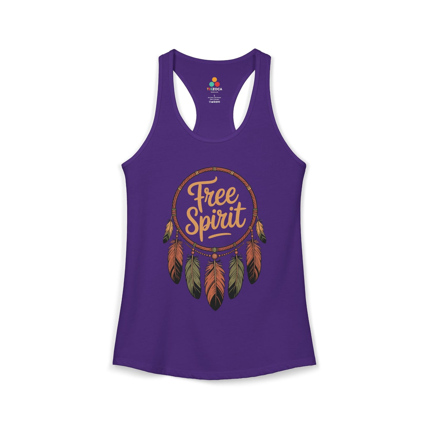 TEEZOCA Free Spirit women’s tank top with dreamcatcher design Purple tank top with 'Free Spirit' design on a white background