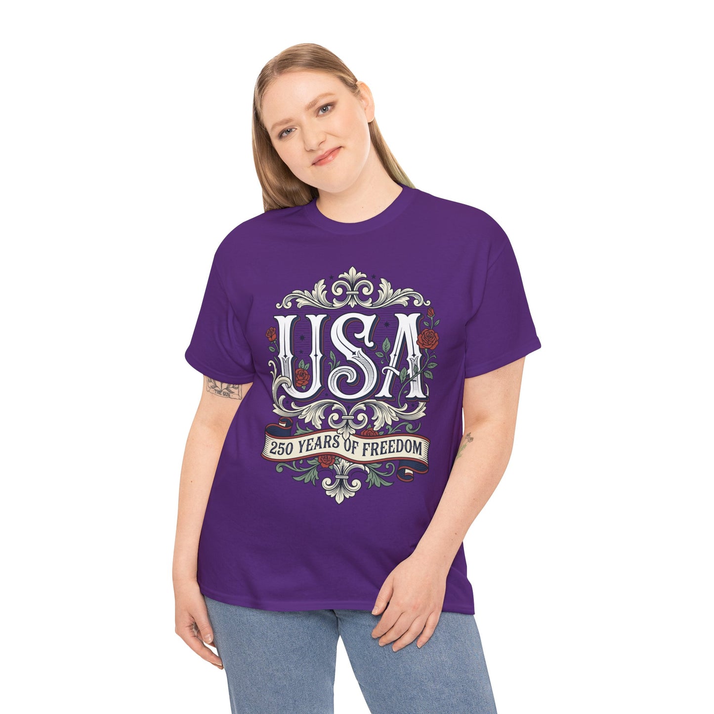 TEEZOCA Freedom Shirt T-shirt featuring ornate USA lettering, red roses, scrollwork, and a 250 Years of Freedom ribbon.

