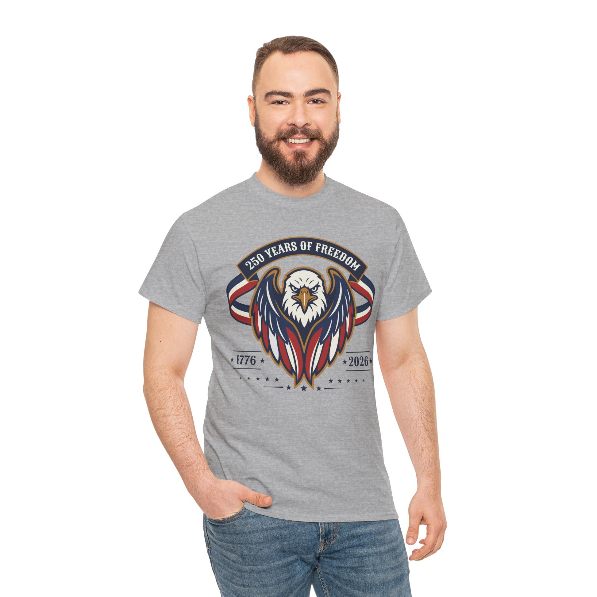 TEEZOCA Freedom Shirt t-shirt with a stern eagle head, flag-colored wings, 250 Years of Freedom banner, and 1776-2026 dates.
