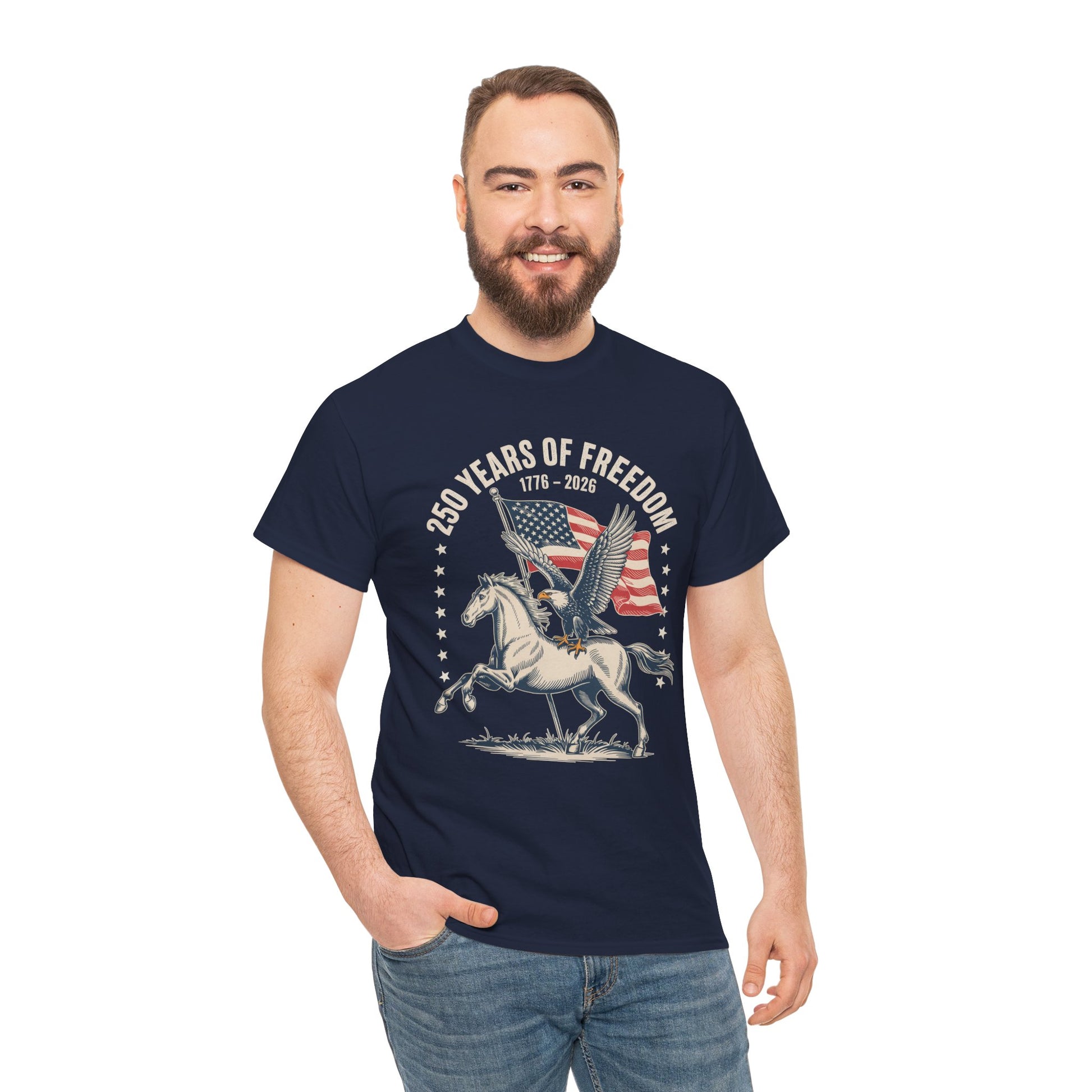 TEEZOCA Freedom Shirt t-shirt with white horse, soaring eagle, American flag, stars, and 250 Years of Freedom artwork.
