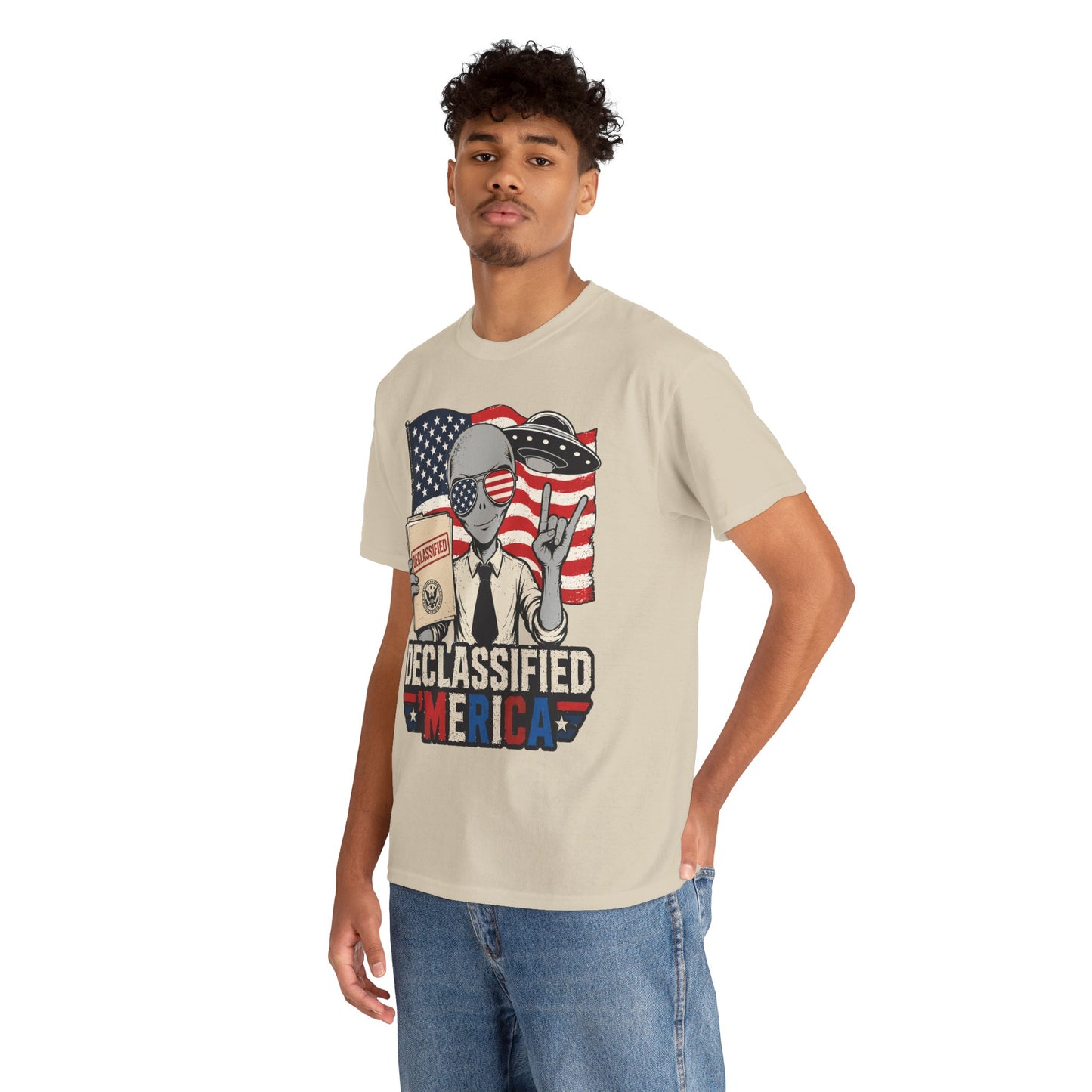 TEEZOCA Funny 4th of July Shirt T-shirt with a declassified alien, American flag sunglasses, UFO, and Merica text.
