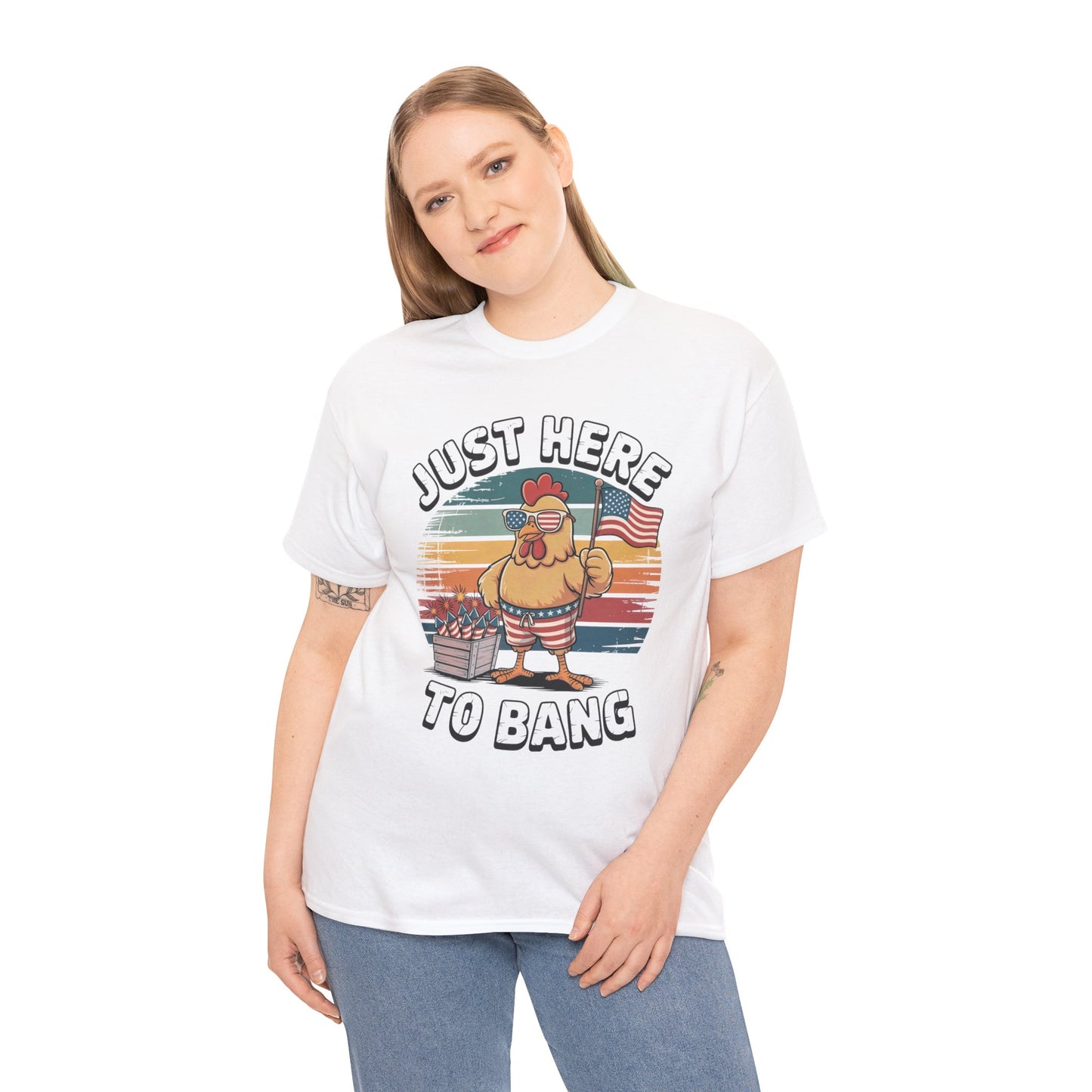 TEEZOCA Funny 4th of July Shirt t-shirt featuring the Just Here to Bang Shirt slogan with a patriotic chicken and fireworks.
