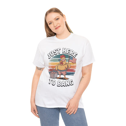 TEEZOCA Funny 4th of July Shirt t-shirt featuring the Just Here to Bang Shirt slogan with a patriotic chicken and fireworks.
