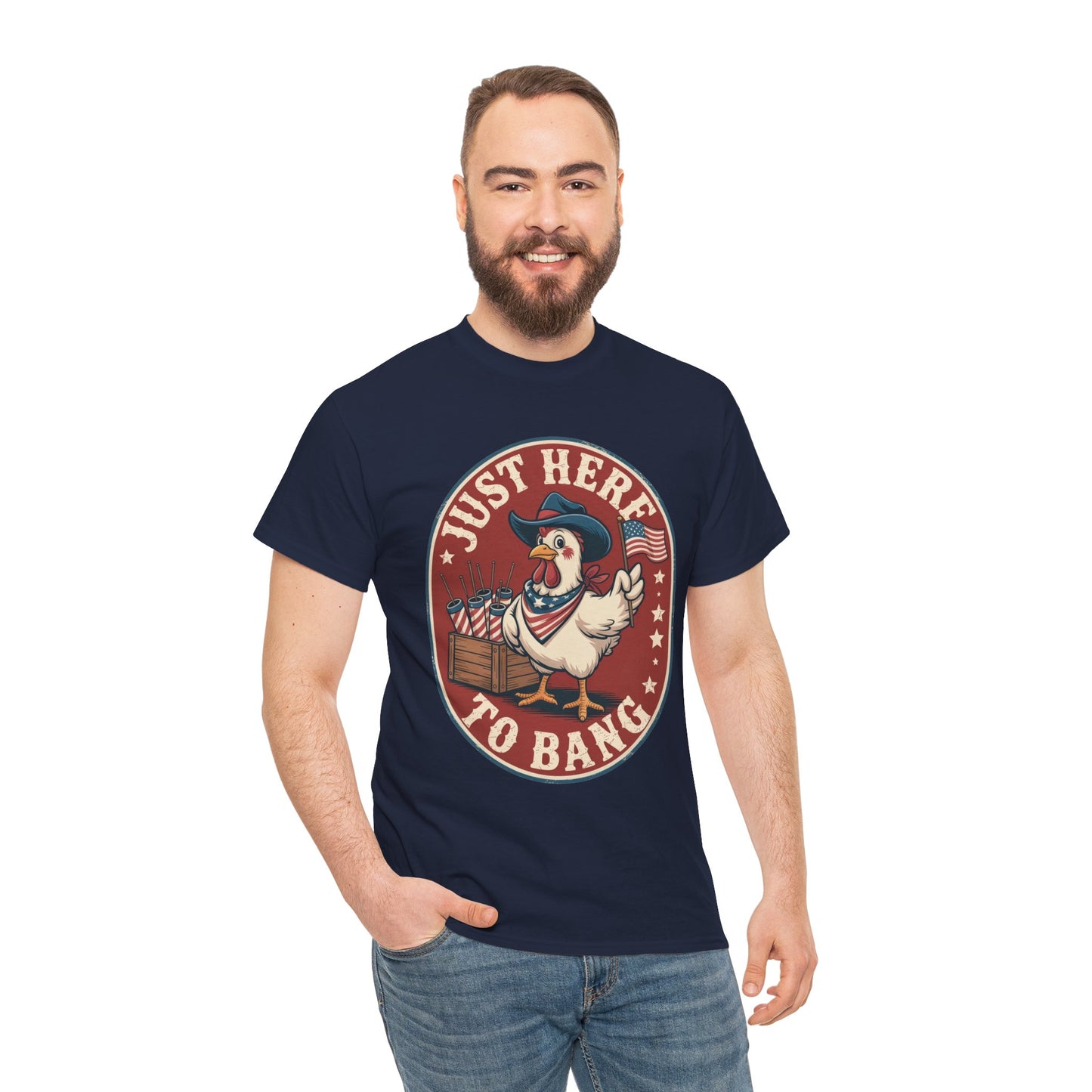 TEEZOCA Funny 4th of July Shirt t-shirt with rooster, fireworks crate, American flag, and Just Here to Bang slogan.
