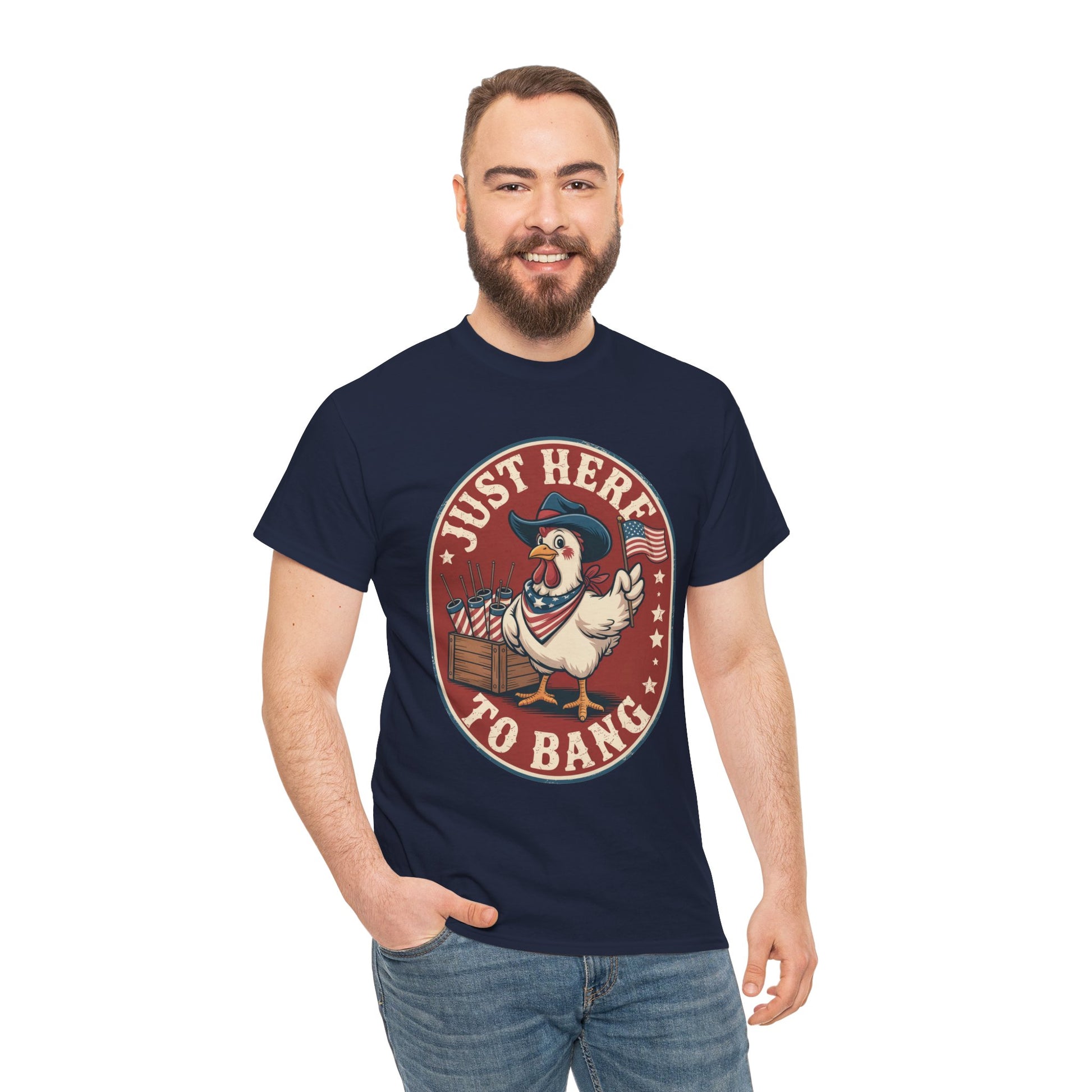 TEEZOCA Funny 4th of July Shirt t-shirt with rooster, fireworks crate, American flag, and Just Here to Bang slogan.
