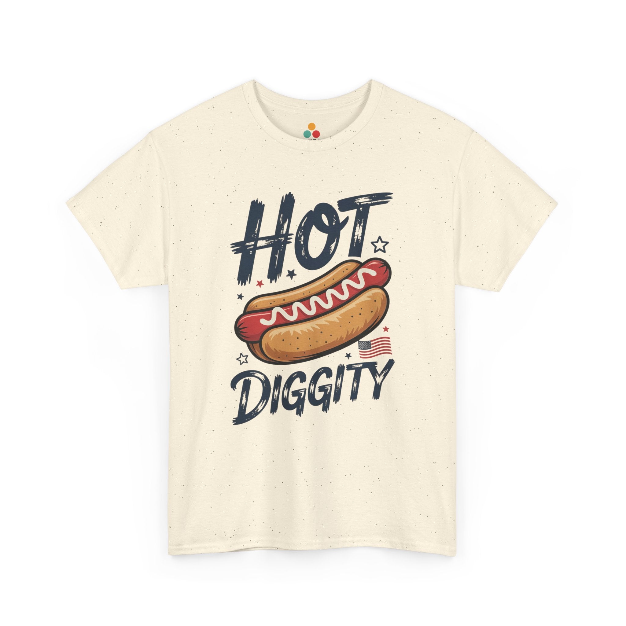 TEEZOCA Funny 4th of July Shirts t-shirt design with a hot dog graphic star accents and retro BBQ party energy