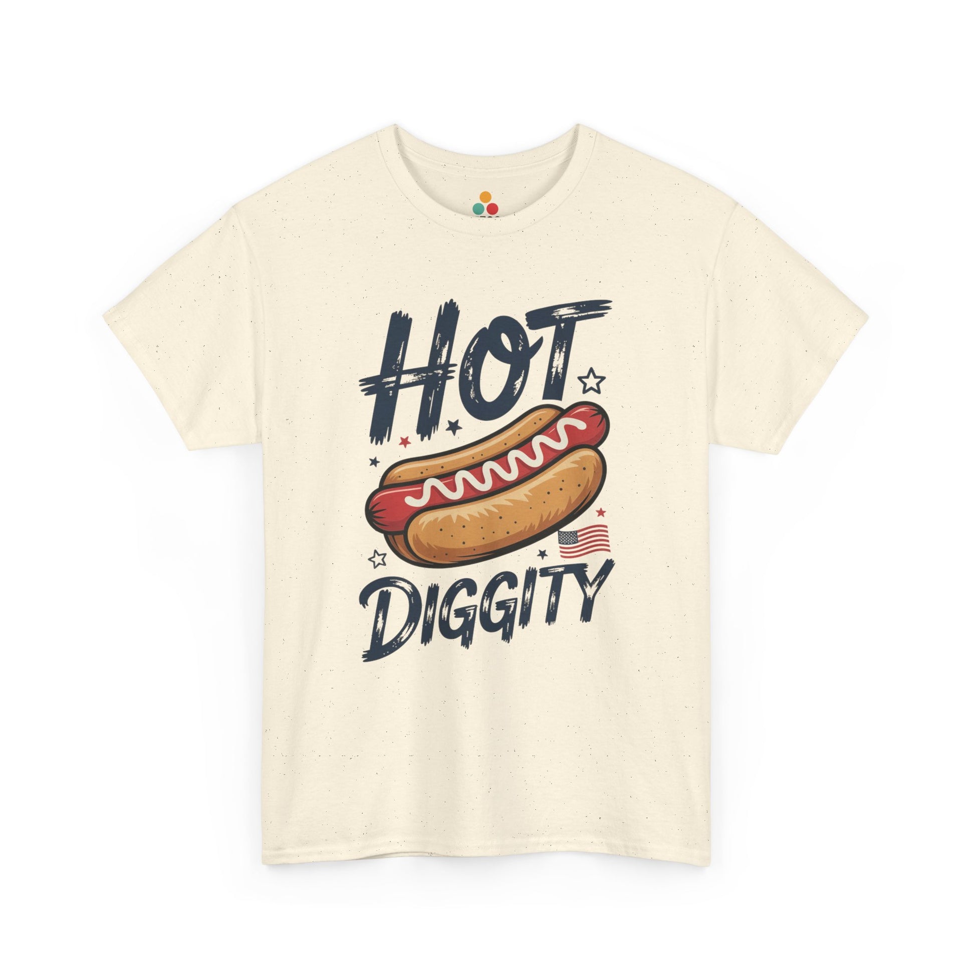TEEZOCA Funny 4th of July Shirts t-shirt design with a hot dog graphic, star accents, and retro BBQ party energy.
