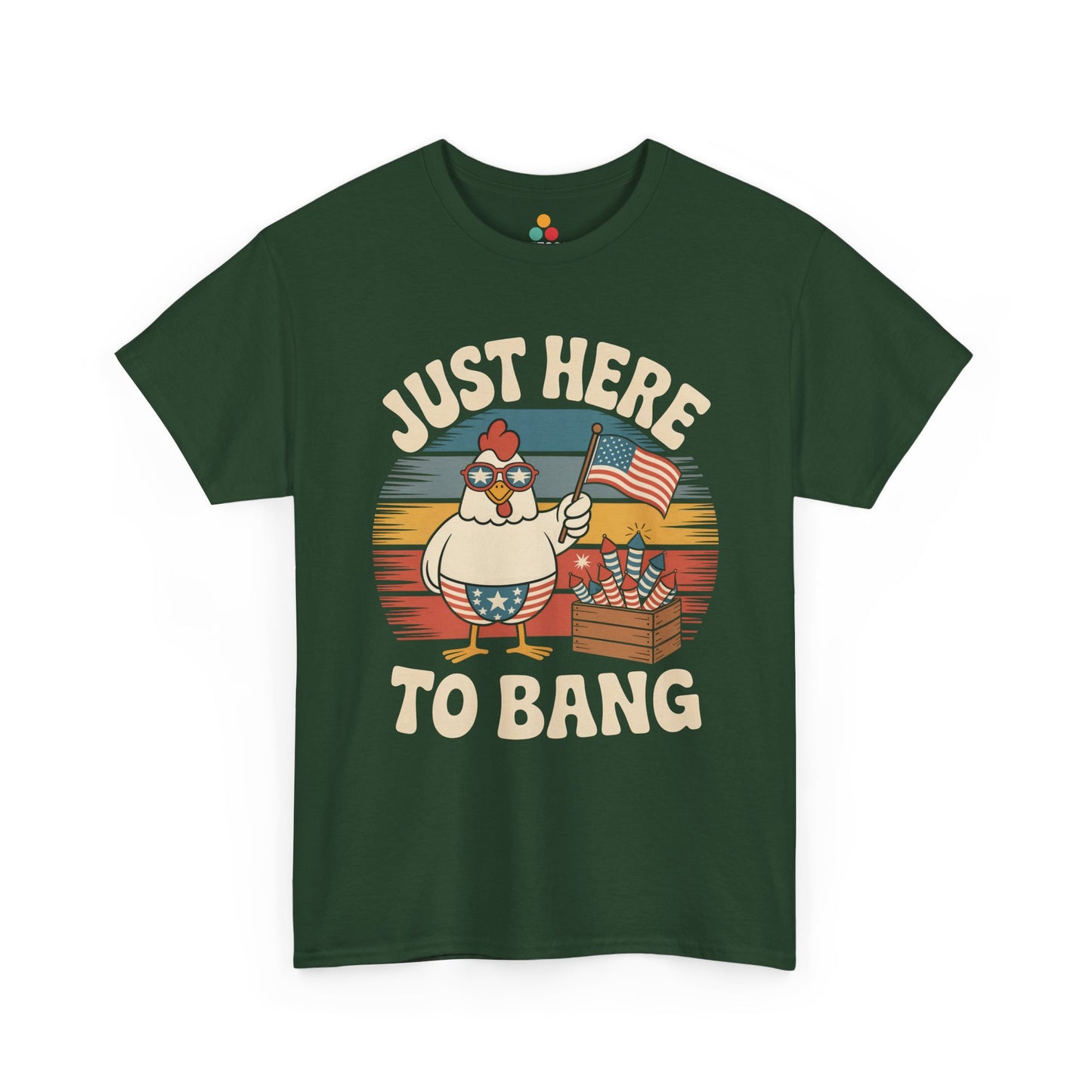 TEEZOCA Funny Fourth of July Shirts t-shirt artwork with a Chicken 4th of July Shirt theme, rooster character, and fireworks box.
