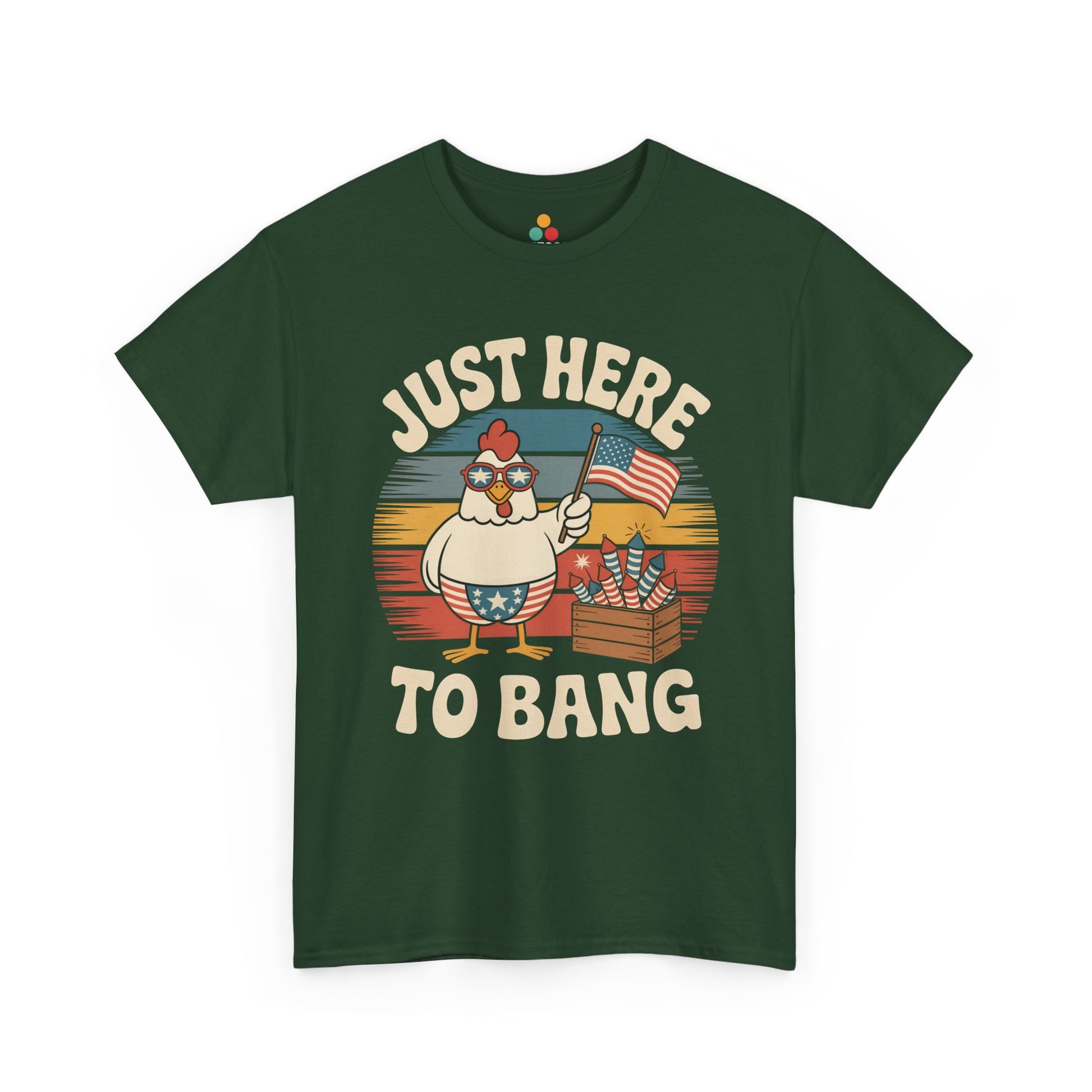 TEEZOCA Funny Fourth of July Shirts t-shirt artwork with a Chicken 4th of July Shirt theme, rooster character, and fireworks box.
