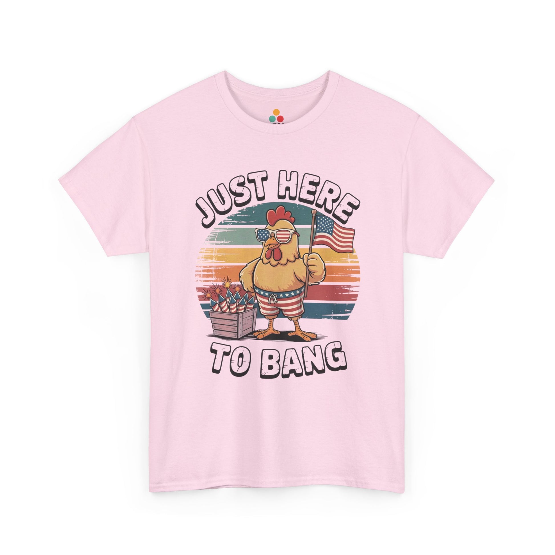 TEEZOCA Funny Fourth of July Shirts t-shirt design showing the Just Here to Bang 4th of July Shirt joke in a retro rooster scene.
