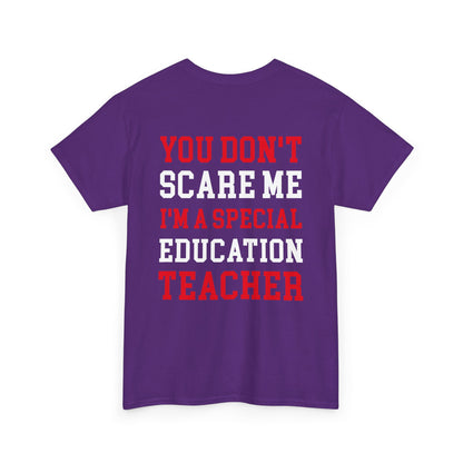 TEEZOCA Funny You Don’t Scare Me I’m a Special Education Teacher 2 Sides Purple T-Shirt Gift Back view