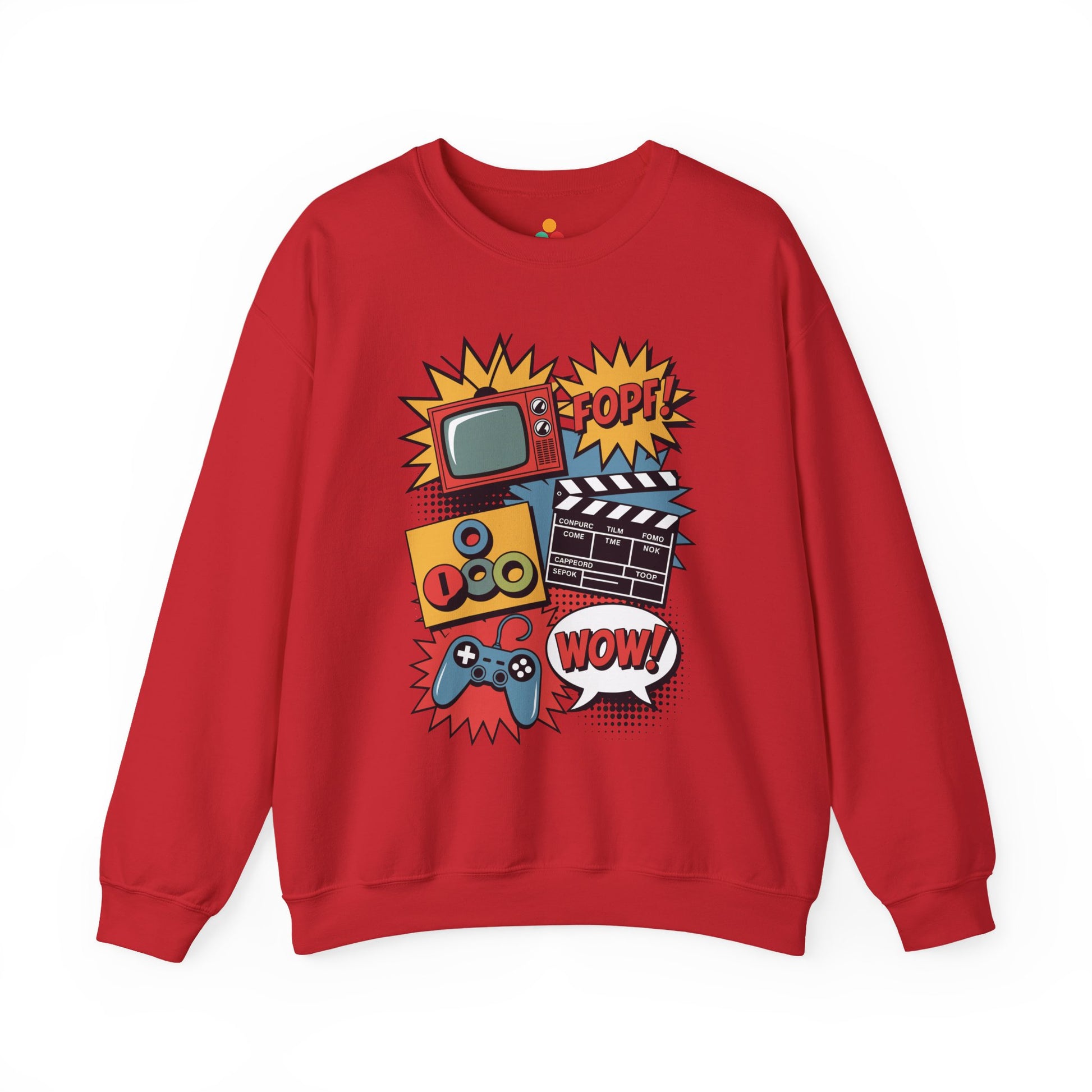 TEEZOCA Funny geek sweatshirt featuring vintage TV film clapper and game controller Red sweatshirt with colorful graphic design on a white background
