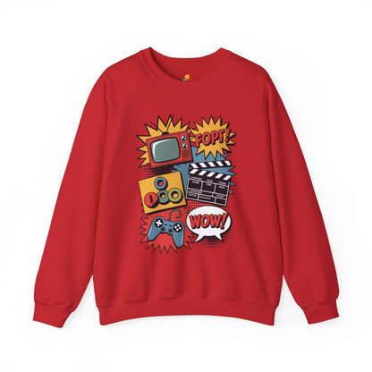 TEEZOCA Funny geek sweatshirt featuring vintage TV film clapper and game controller Red sweatshirt with colorful graphic design on a white background