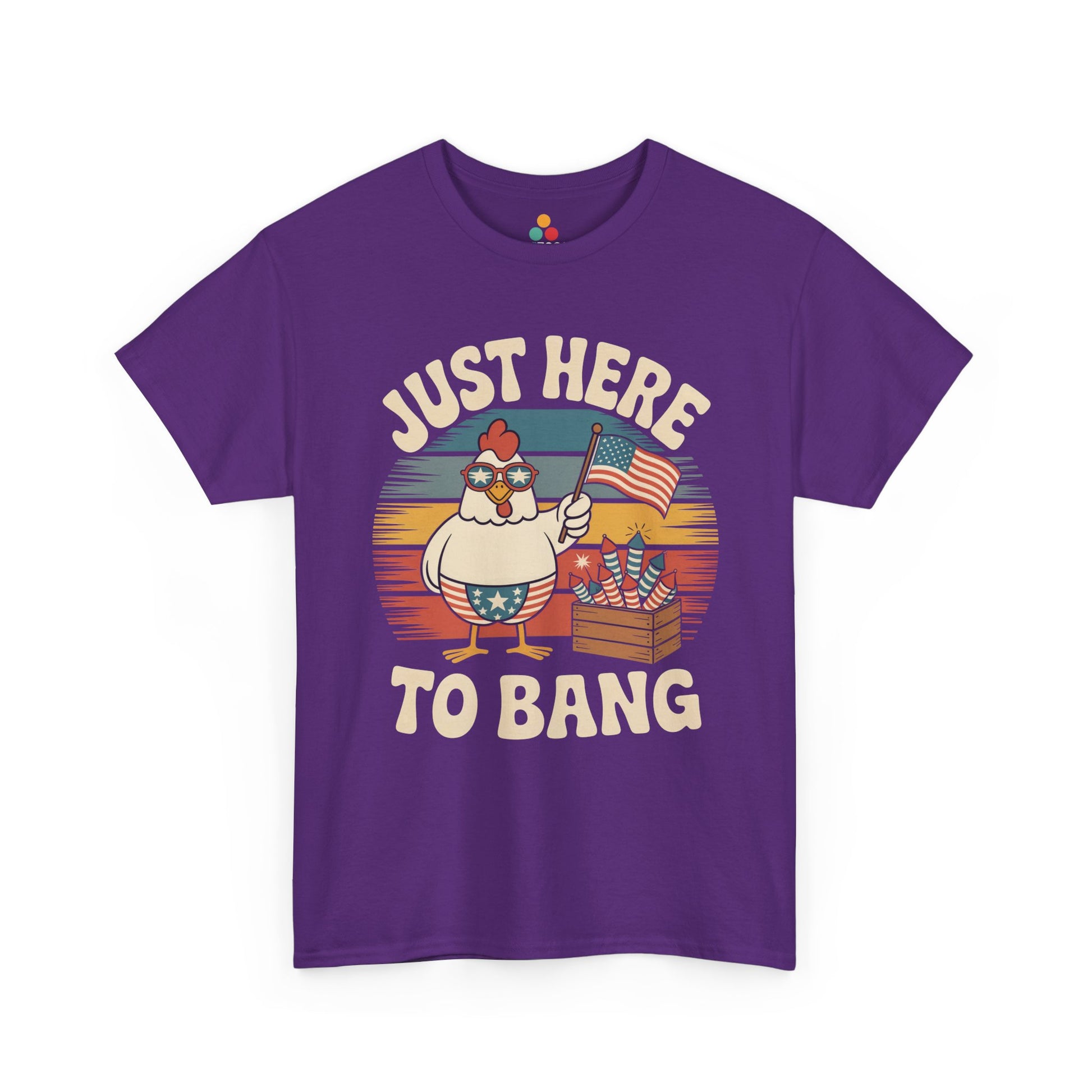 TEEZOCA Gag Gift Shirt t-shirt featuring Patriotic Chicken Shirt style with Just Here to Bang 4th of July Shirt artwork.
