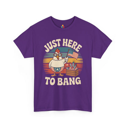 TEEZOCA Gag Gift Shirt t-shirt featuring Patriotic Chicken Shirt style with Just Here to Bang 4th of July Shirt artwork.
