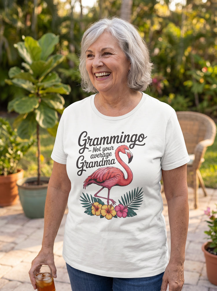 TEEZOCA Grammingo grandma flamingo graphic shirt close-up