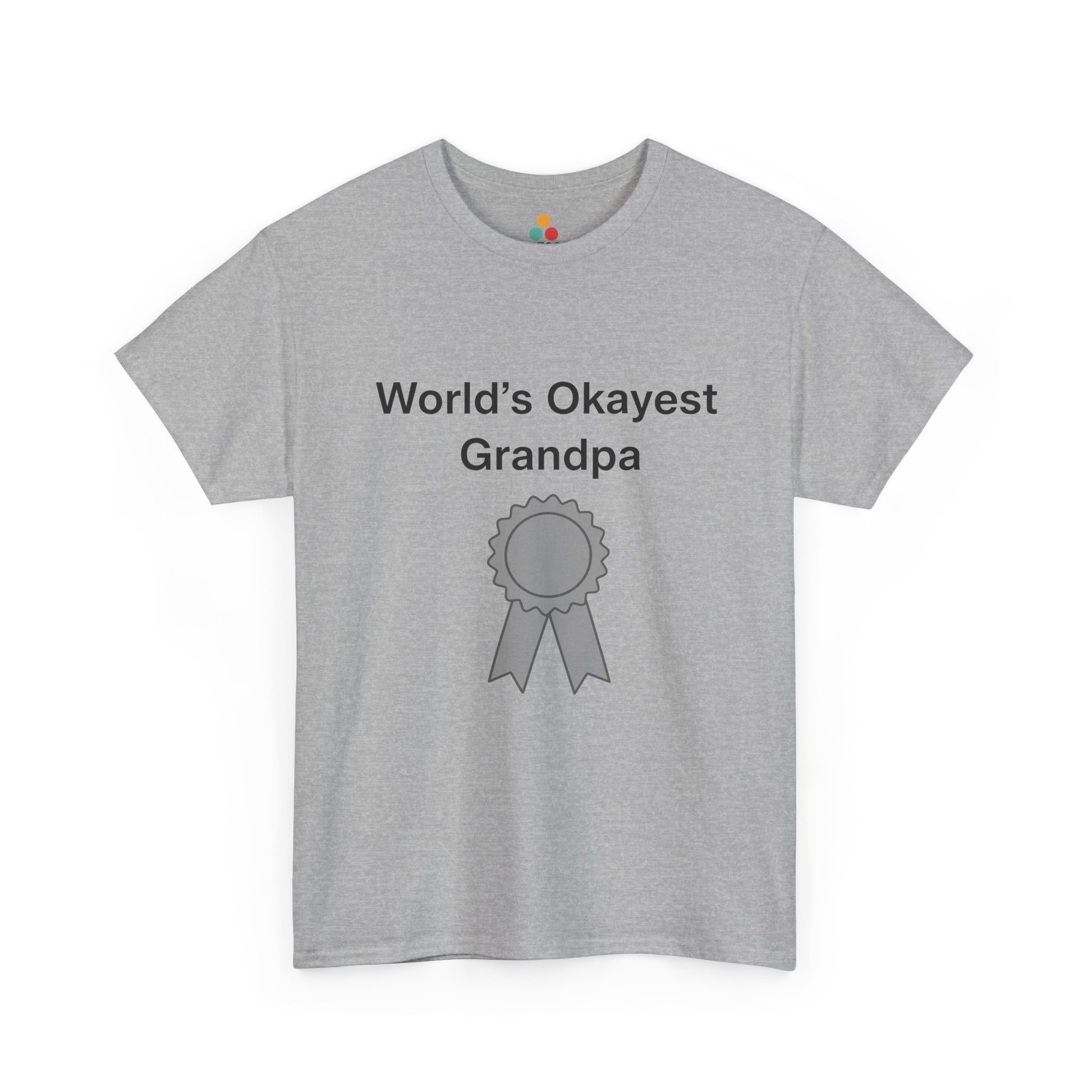 TEEZOCA Gray “World’s Okayest Grandpa” humorous grandpa gift t-shirt shown flat.