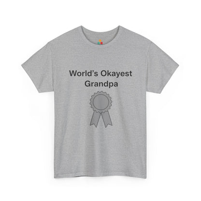 TEEZOCA Gray “World’s Okayest Grandpa” humorous grandpa gift t-shirt shown flat.