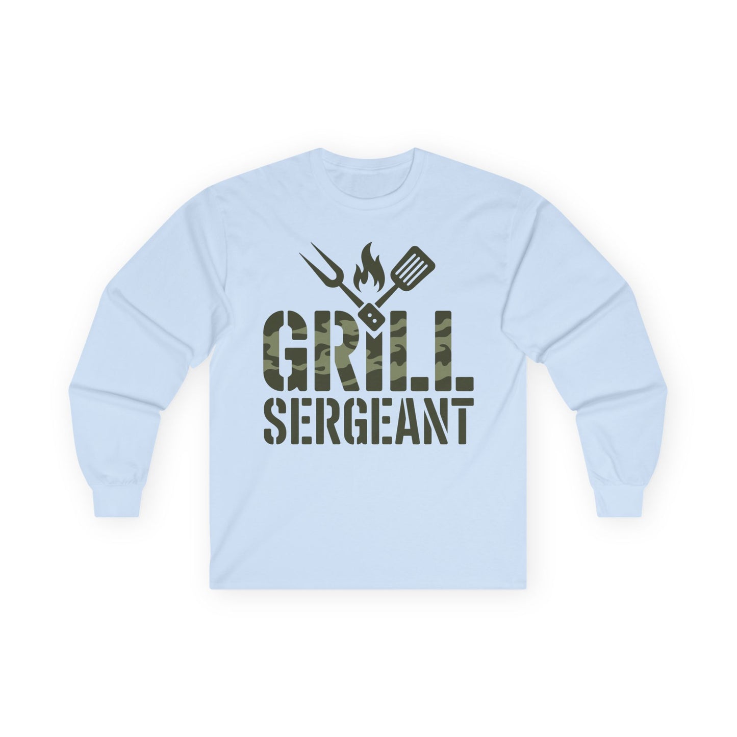 TEEZOCA Grill Sergeant unisex long-sleeve t-shirt camouflage design Light blue sweatshirt with 'Grill Sergeant' text and grill icons on a white background